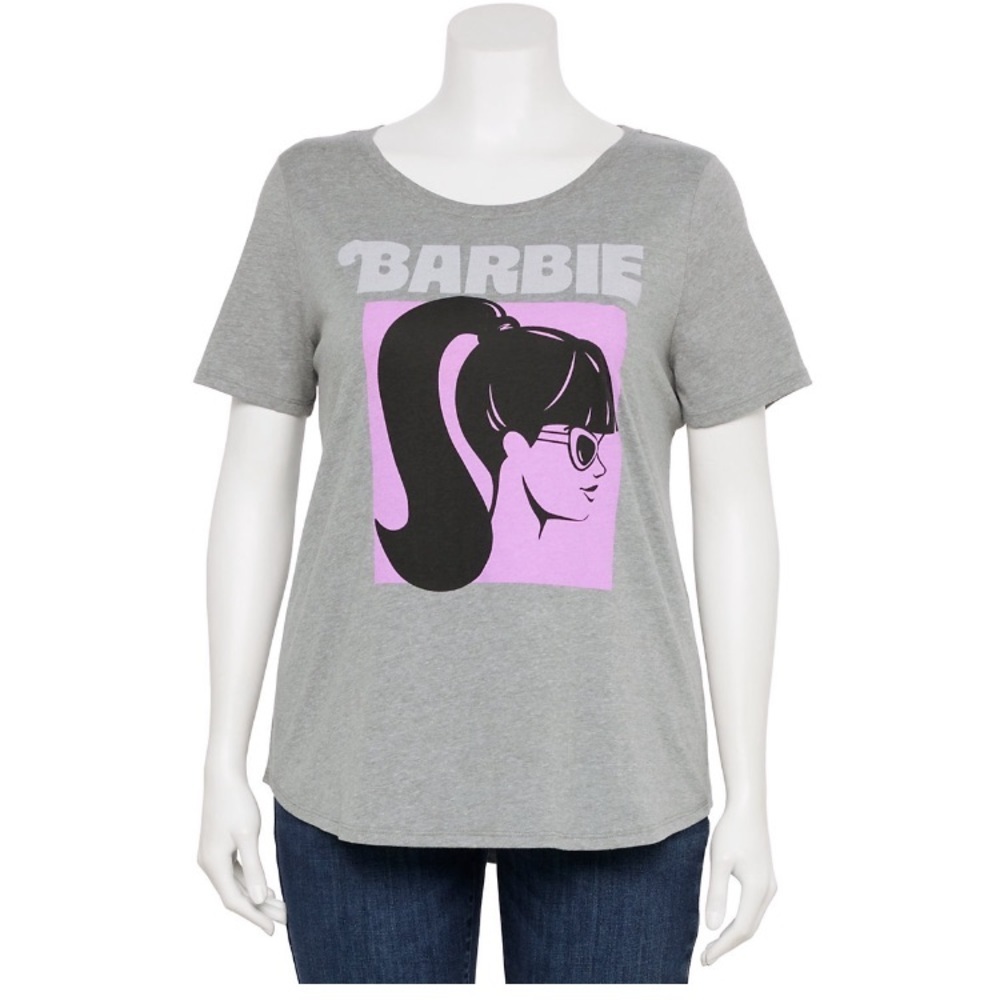 Barbie Women's Plus Size 1X Grey, Black, Purple Profile Graphic T-shirt Tee